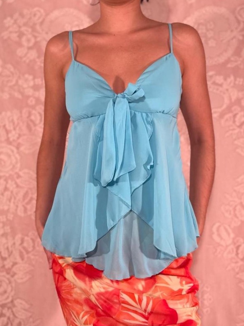 VTG 90s Rampage blue tie front flowy cami top with bow detail